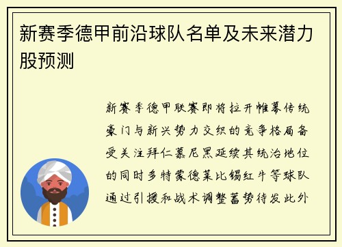新赛季德甲前沿球队名单及未来潜力股预测