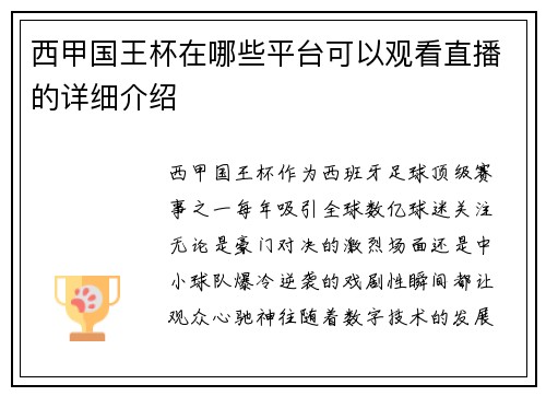 西甲国王杯在哪些平台可以观看直播的详细介绍
